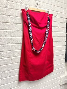 Ports 1961 Strapless Red Midi Dress with Printed Sash